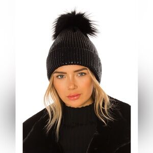 Adrienne Landau Black Knit Beanie with Pom-Pom